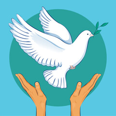 Dove of peace and hands on a background of green and blue. Symbol of peace and freedom, anti war emblem