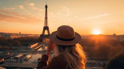 Zelfklevend Fotobehang a girl taking a selfie in paris with the eiffel tower . © Ai Studio