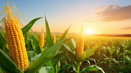 Corn cobs in corn plantation field with sunrise background. AI Generative.