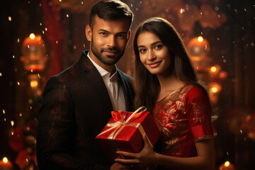 Young man in suit giving gift to his wife or girl friend.