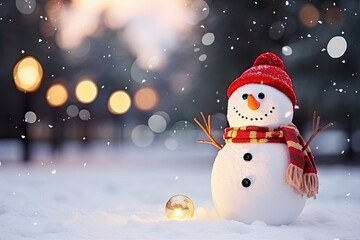 Snowman in red hat and scarf with christmas ball on snow in winter park, Christmas and New Year holidays background. ai generative