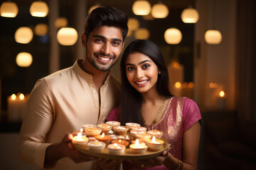Young indian couple celebrating diwali festival at home
