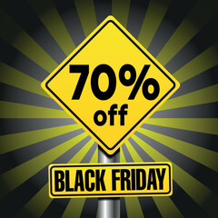Symbol of 70% discount for black friday, in the shape of a road sign, with stripes on the background