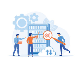 a team doing maintenance and repairs on a server device. server admin, database management staff. flat vector modern illustration