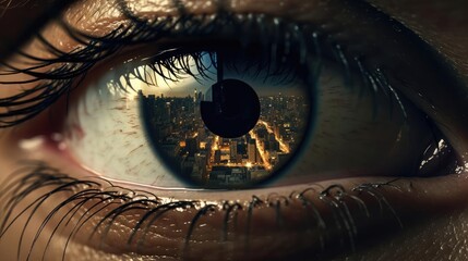 The city is reflected in the human eye