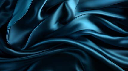 Fototapeta premium Black blue silk satin background. Copy space for text or product. Wavy soft folds on shiny fabric. Luxurious deep blue background. Valentine, Christmas, Anniversary, Black Friday. Web banner
