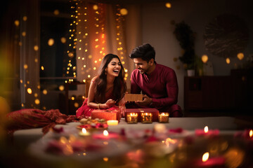 indian couple celebrating diwali festival. - obrazy, fototapety, plakaty