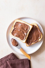 Sandwich with chocolate paste . Breakfast. Vegetarian food.