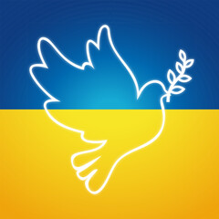 Fototapeta premium Peace dove luminous contour silhouette on the background of the Ukrainian flag. Symbol of peace and freedom, support for Ukraine