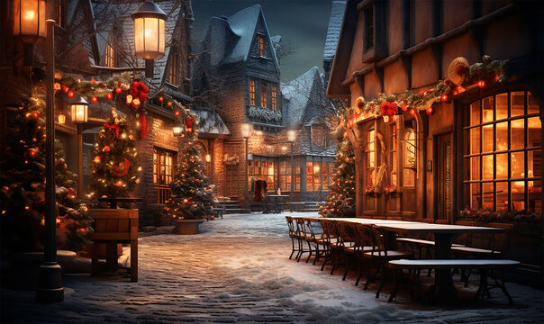 village square adorned with twinkling Christmas lights