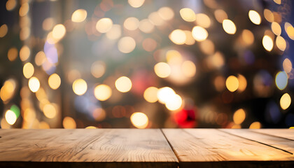 Empty wooden table with blurred background with lights and Christmas theme