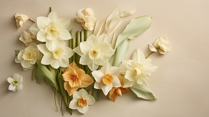 Classical Assortment of Daffodils at the Top: Allowing for a vintage narrative against a grainy beige canvas