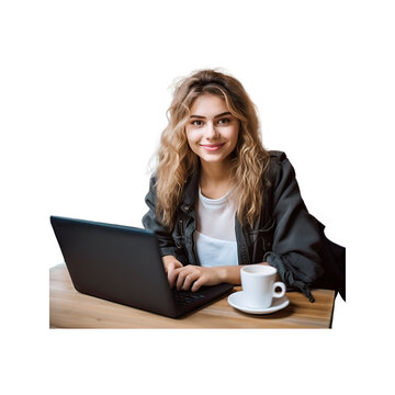 Beautiful young woman working on laptop, girl freelancer or student with computer in cafe at table, looking  Die cut  file png