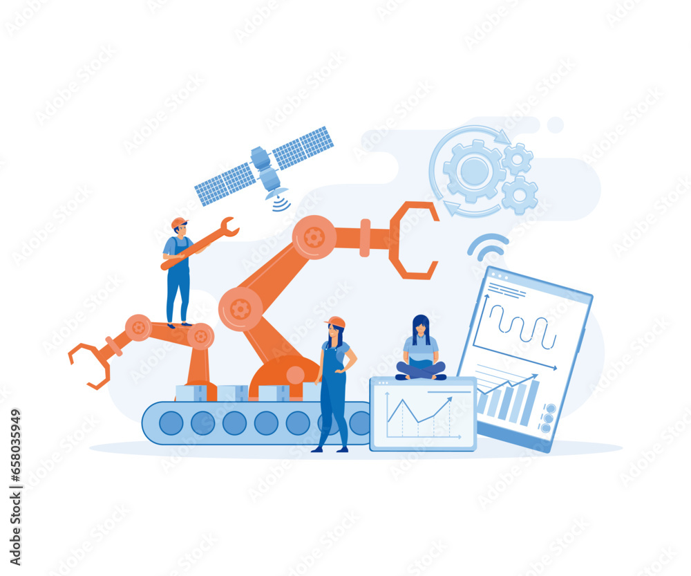 Poster a production line with workers, automation and user interface, user connecting with a tablet and sha