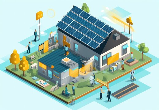 Isometric picture of a company installing solar panels on a home.