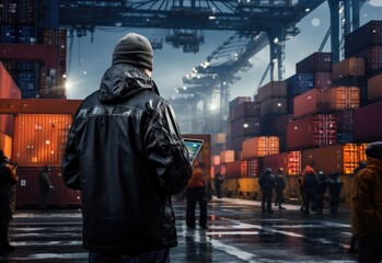Person with jacket looks at a device in container shipping fleet.