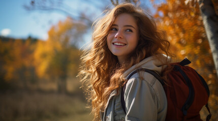 Beautiful girl among the autumn forest on a bright sunny day.