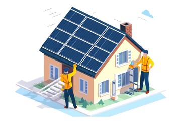 Solar installers installing solar panels on a house.