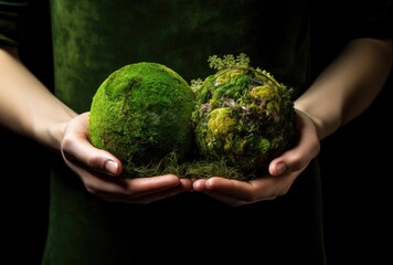 Hands holding a mossy green ball, in the style of collaborative activism.