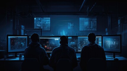 Obraz premium Three men standing in front of computer screens.