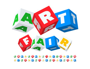 Vector playful poster Art Fair with 3D colorful Font. Cubic Alphabet Letters and Numbers set