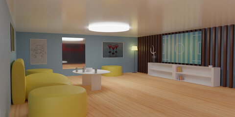 The interior of a room with yellow ottomans and a sofa, a wooden floor, a floor lamp, a table and a TV showing a football match. 3D rendering.