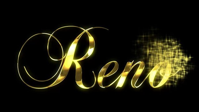 Golden text animated in a reveal with a starburst pattern for RENO