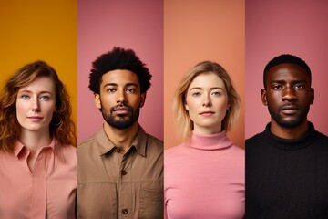 In the concept of diversity, different portraits of people in front of a plain background