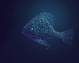 Futuristic glowing, digital fish isolated on a dark blue background. Oceanarium, marine science concept. Modern graphic illustration.