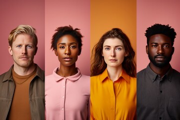 In the concept of diversity, different portraits of people in front of a plain background