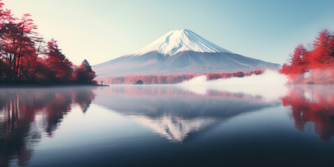 Naklejka premium Mystical Morning Fuji's Fog and Red Leaves by the Lakeside Nature's Canvas Fuji's Misty Mornings and Red Autumn Hues Dreamlike Fuji Fog-Kissed Lake, Red Leaves, and Towering Peaks.AI Generative
