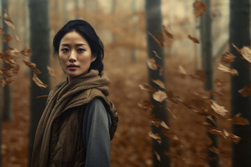 Naklejka premium Asian woman enjoying autumn in the woods