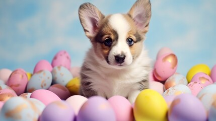 Generative AI concept of Catholic Easter and pets. A charming welsh corgi pembroke puppy with colored Easter eggs. Front view. Blue background with dog. Greeting card.
