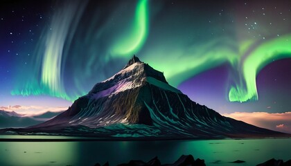 tallest mountain in the world at night with the northern lights generative AI
