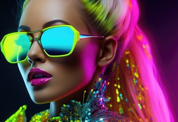 A woman with neon hair and bright sunglasses
