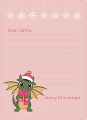 Christmas letter template to Santa Claus. Decorated paper sheet with 2024 dragon symbol character illustration. 