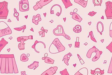 Seamless pattern of accessories, cosmetics and clothes for pink dolls. Vector illustration