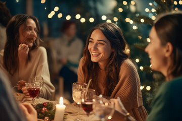  happy friends celebrating Christmas at home party. celebration and holidays concept.