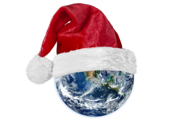 Earth with a Santa Claus hat for Christmas on a transparent background in PNG format