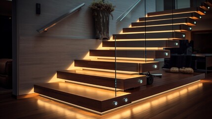 Floating steps with LED strip lights underneath each stair .