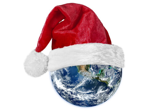 Earth with a Santa Claus hat for Christmas on a transparent background in PNG format