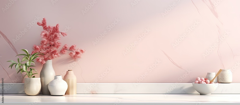 Canvas Prints Marble kitchen tabletop with empty space for product display pastel pink kitchen room in background