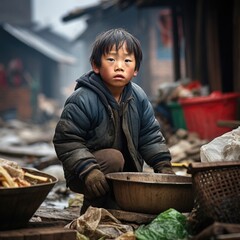 Small boy living in poverty.
