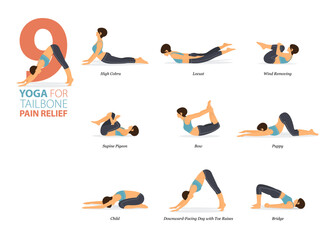 9 Yoga poses or asana posture for workout in tailbone pain relief concept. Women exercising for body stretching. Fitness infographic. Flat cartoon vector. - obrazy, fototapety, plakaty
