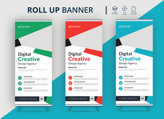 Creative corporate roll-up banner design in curve shape layout, geometric triangle, and exhibition ads pull up design x-banner design template