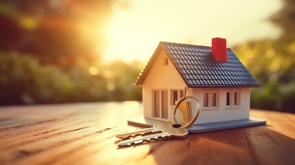 Landlord key for unlocking house is plugged into the door. Second hand house for rent and sale. keychain is blowing in the wind. mortgage for new home, buy, sell, renovate, investment, owner, estate .