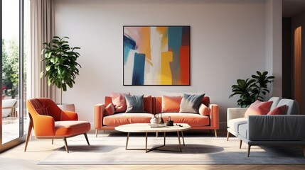minimal design appartment, a wall with a picture frame, modern living-room, colourful furniture, perpendicular composition, center perspective, very detailed, photorealistic .