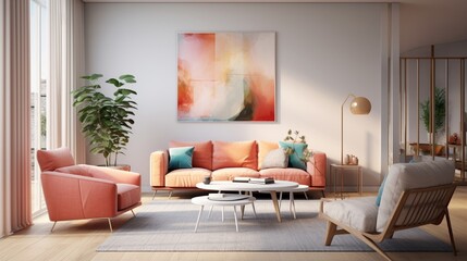 minimal design appartment, a wall with a picture frame, modern living-room, colourful furniture, perpendicular composition, center perspective, very detailed, photorealistic .