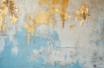 Blue and Gold Peeling Paint Texture - Grunge Wall Background in Light Silver and Light Azure Style, Detailed Concrete Surfaces - Generative AI