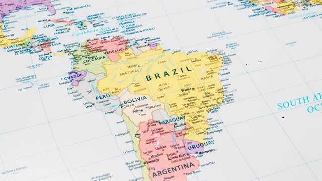 A zoom out of the map of Latin America featuring Brazil also revealing the Atlantic Ocean, Argentina, Chile, Pero, Bolivia and other American countries.